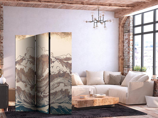Paravent - Stormy Ocean - High Waves in Brown and Navy Colors on a Beige Background in Vintage Style Artgeist