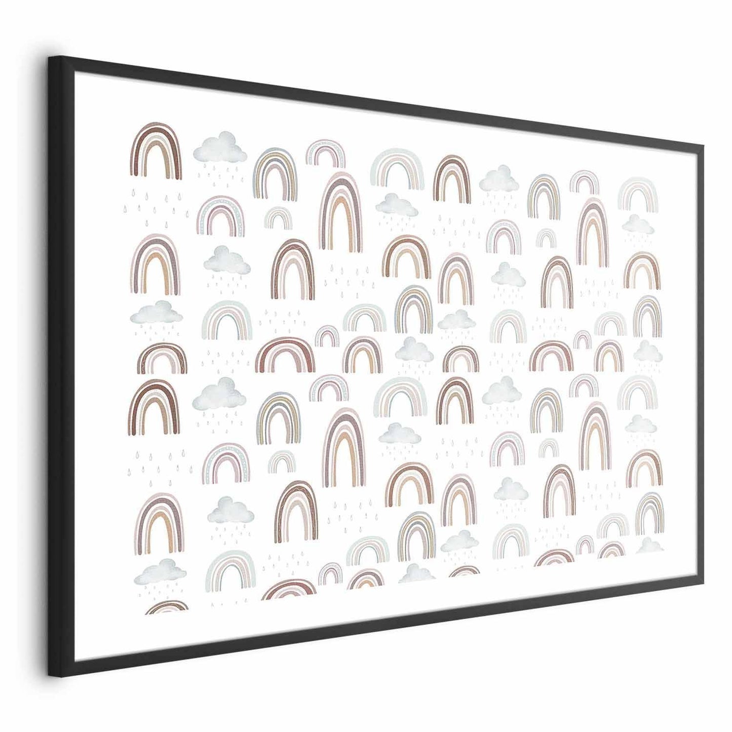 Colorful abstract rainbows with clouds on wall poster in black frame.