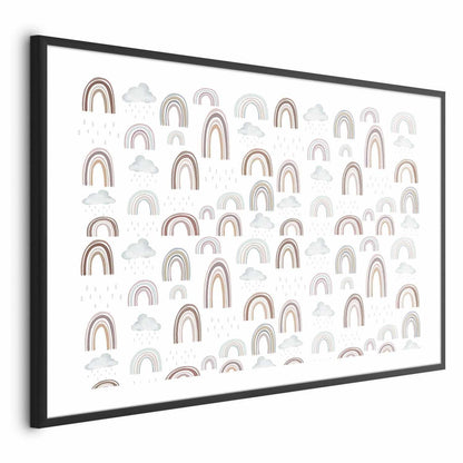 Colorful abstract rainbows with clouds on wall poster in black frame.