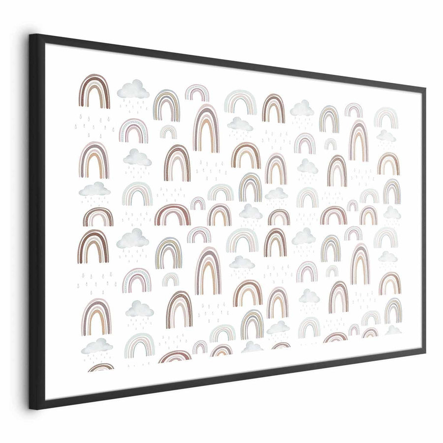 Colorful abstract rainbows with clouds on wall poster in black frame.