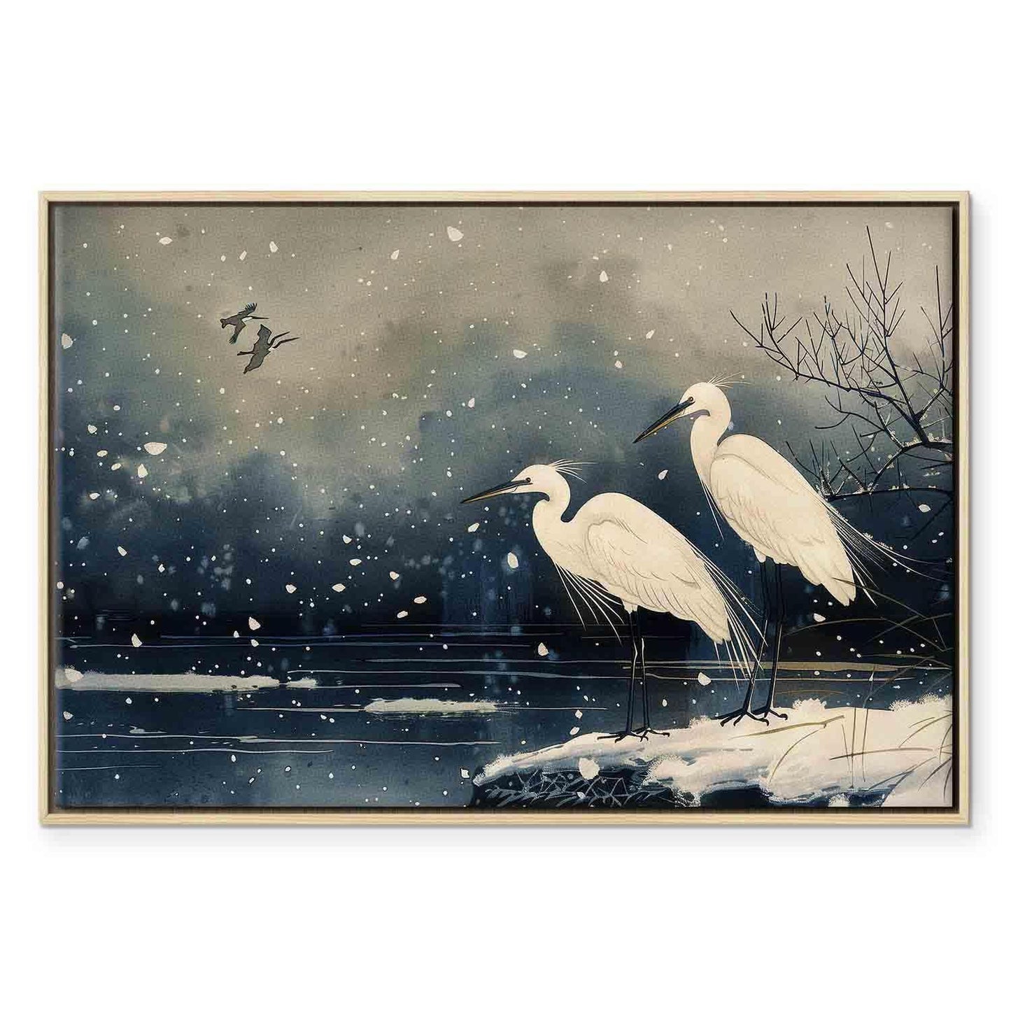 Leinwandbild - Herons over a winter pond - Japanese-style illustration in dark colours