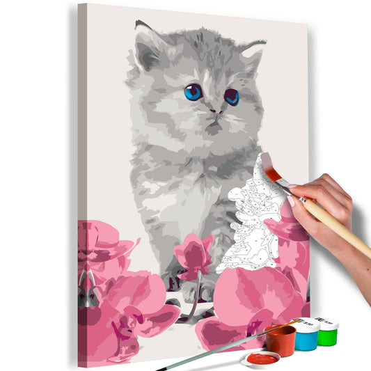 Wandbild zum Ausmalen Kitty Cat - Süße Katze mit Blumen Malen nach Zahlen Set mit Leinwand, Farben und Pinseln