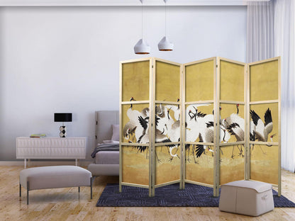 Japanischer Paravent - Japanese cranes - a flock of birds against a golden background based on a painting by Ishida Yūtei