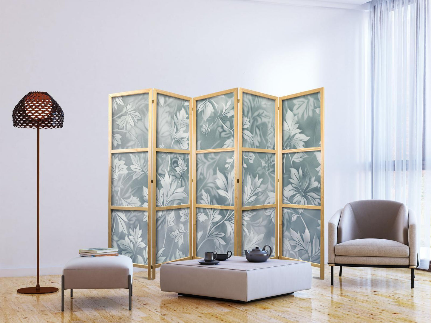 Japanischer Paravent - Ornaments in Worn Muted Turquoises - Delicate Plant Pattern