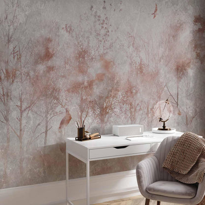 Fototapete - Autumn landscape - abstract with trees and birds on a textured background