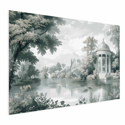 Poster featuring a landscape with park and lake in retro green tones, showcasing trees and a classical structure by the water.