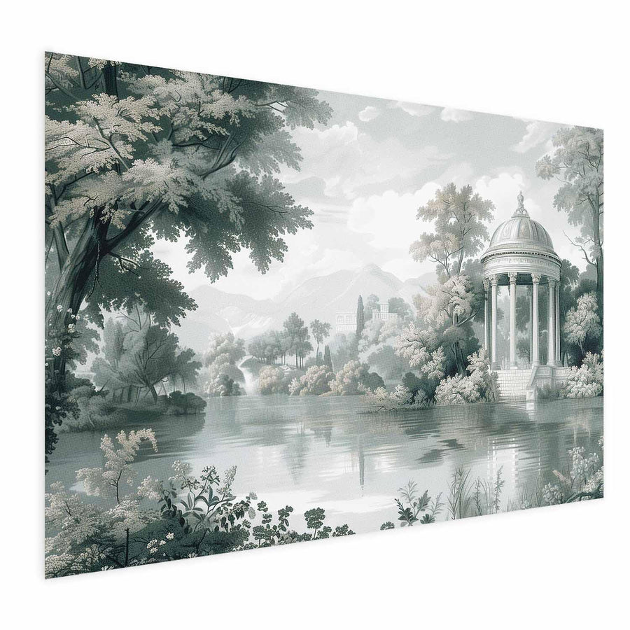 Poster featuring a landscape with park and lake in retro green tones, showcasing trees and a classical structure by the water.