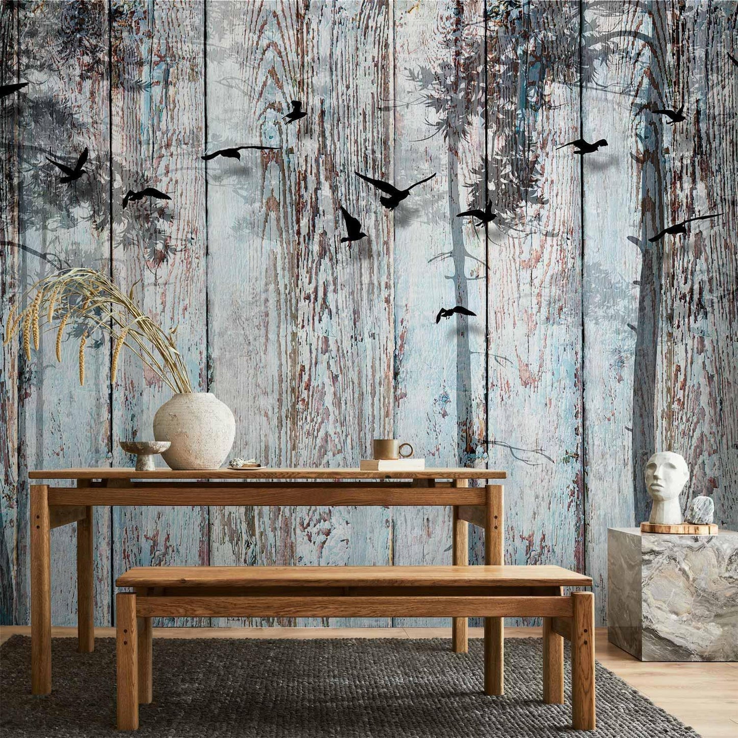 Fototapete „Schatten der Natur“ – Baumkronen & fliegende Vögel in Schwarz-Grau