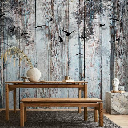 Fototapete „Schatten der Natur“ – Baumkronen & fliegende Vögel in Schwarz-Grau