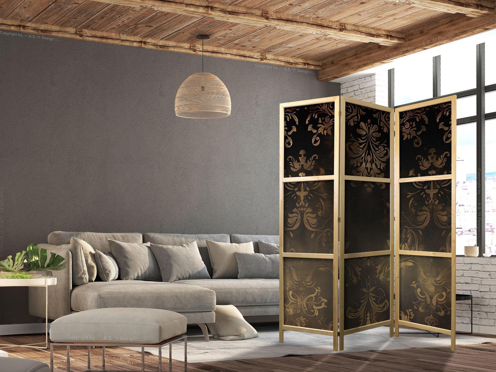 Japanischer Paravent - Floral Ornaments Carved in Delicate Sepia and Brown Shades Artgeist
