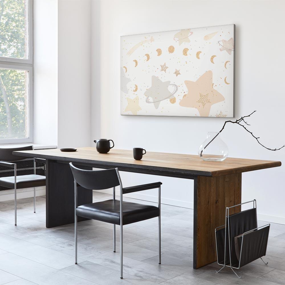 Leinwandbild - Fairy-Tale Galaxy - Phases of the Moon in Yellow Tones Among Stars in Beige and Ash Colors with Stardust