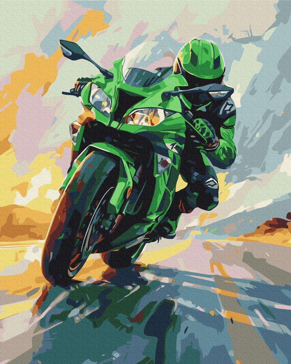 Malen nach Zahlen - Green motorbike in full speed