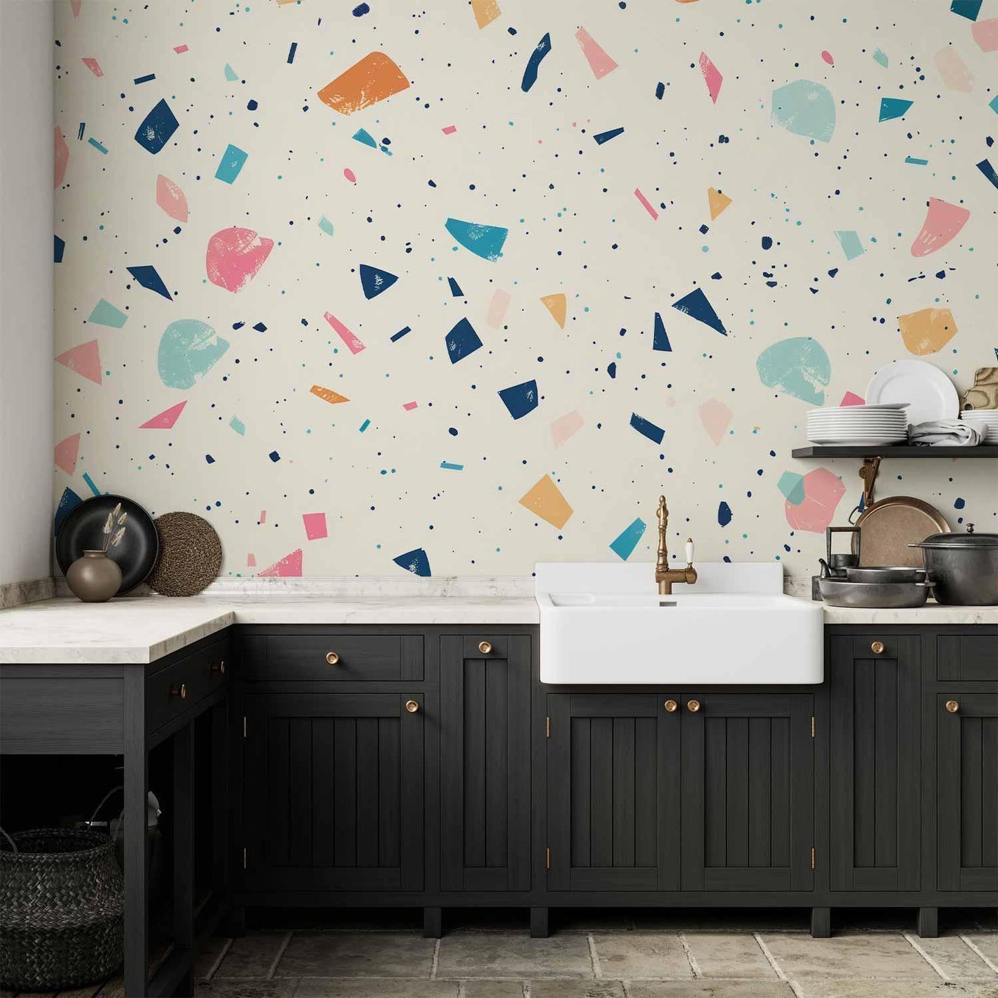 Fototapete - Terrazzo with Multicolored Large Elements Cheerful Pattern on a Light Background Artgeist