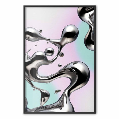 Poster - Metallic Fluidity - abstract silver forms on a mint-purple background