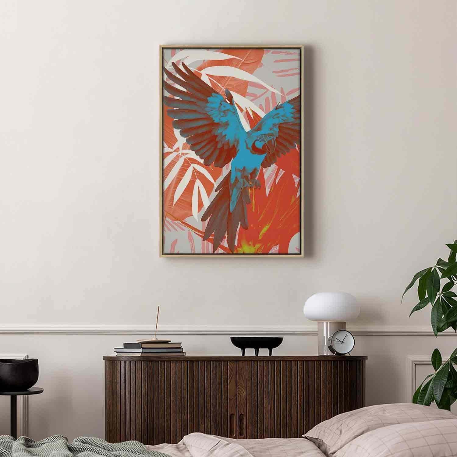 Leinwandbild - Exotic Wings - Parrot Among Abstract Leaf Patterns Artgeist