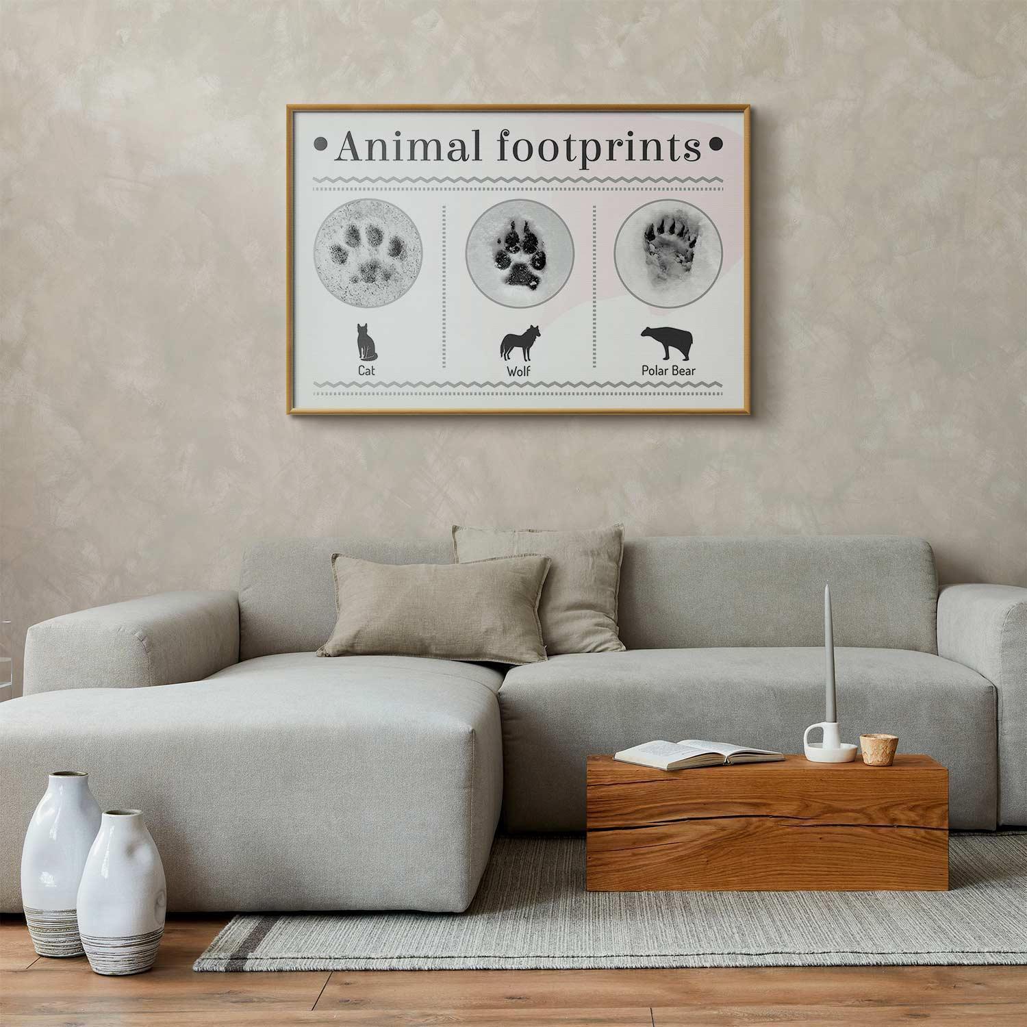 Poster featuring animal paw prints displayed in a modern living room.