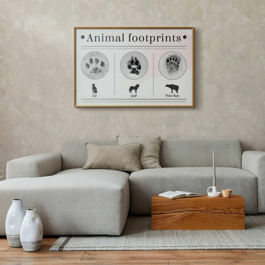 Poster featuring animal paw prints displayed in a modern living room.