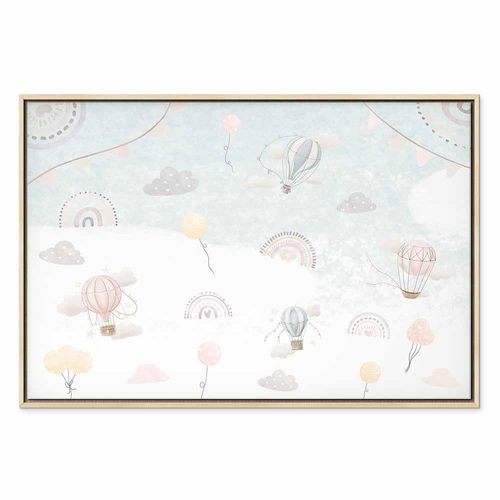 Leinwandbild - Sky with Balloons - Balloons in Subdued Colors Flying in the Sky Among Clouds Rainbows and Stars