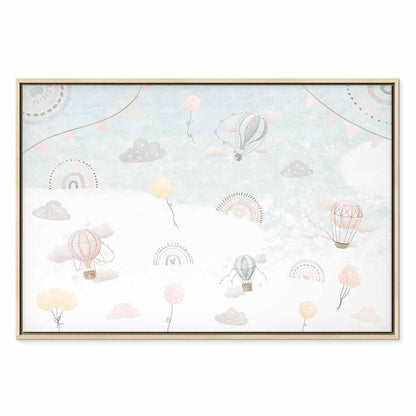 Leinwandbild - Sky with Balloons - Balloons in Subdued Colors Flying in the Sky Among Clouds Rainbows and Stars