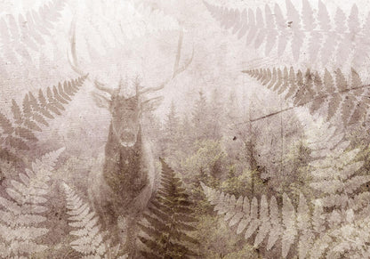 Fototapete - Majestätischer Hirsch im Wald – Naturmotiv mit Farnblättern auf Betonoptik Artgeist