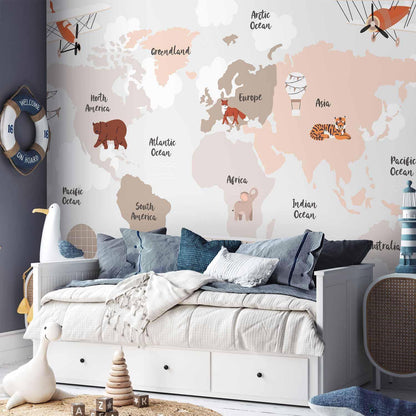 Fototapete - Map in Shades of Beige - Continents With Animals