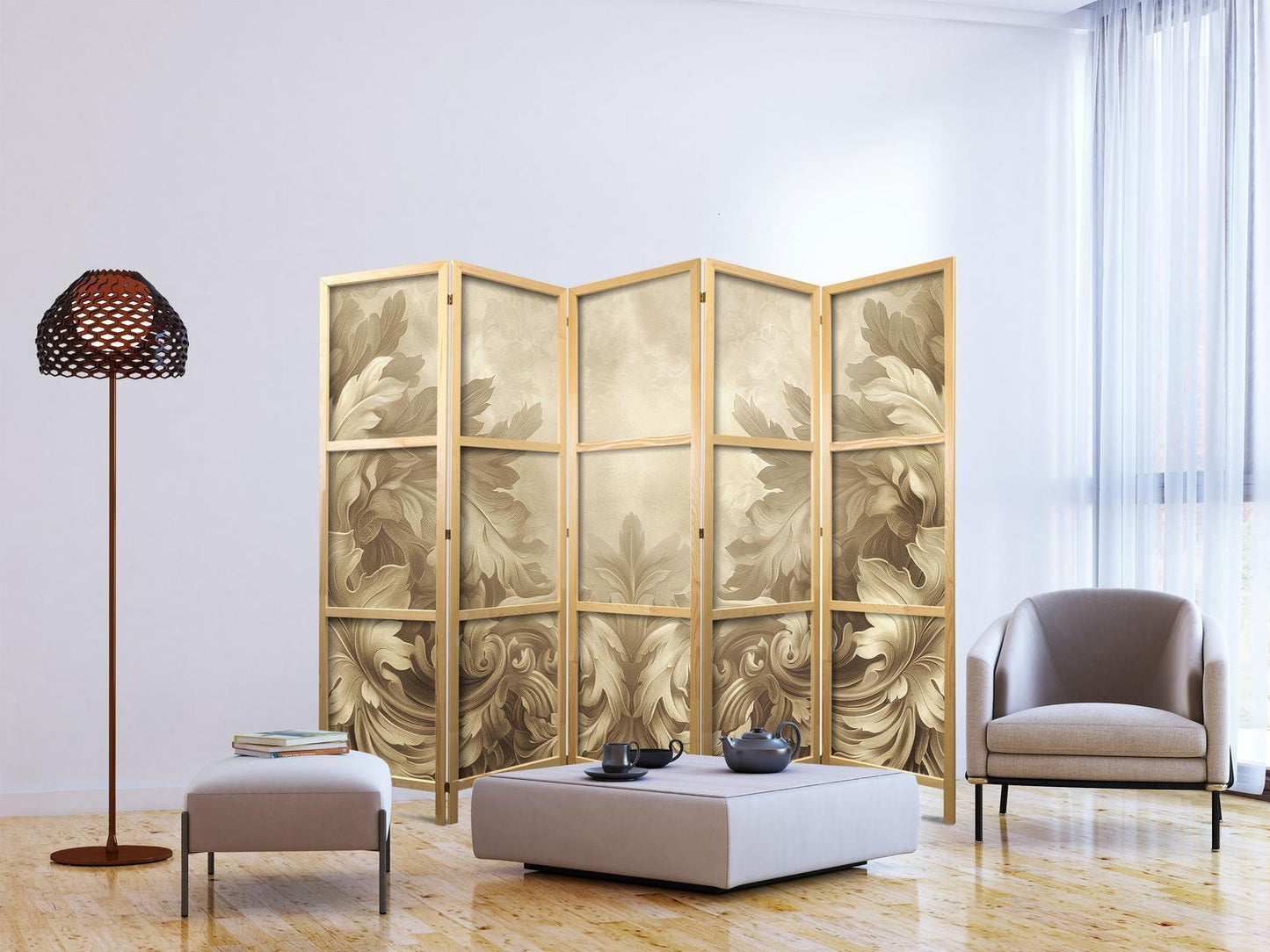 Japanischer Paravent - Stone Baroque Ornaments in Light Shades of Gray-Blue Artgeist