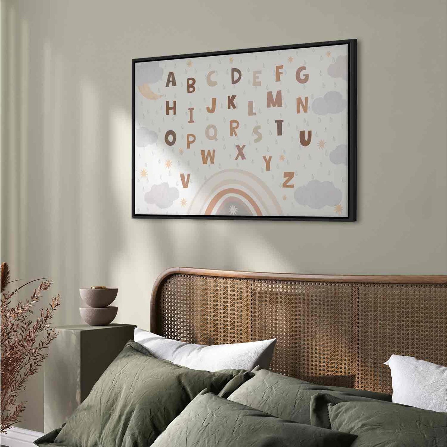 Leinwandbild - Letters Above the Rainbow - Letters Among Streams of Rain and Clouds with a Rainbow Moon and Stars on a Light Background