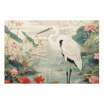 Poster - Over the Asian Pond - illustration in the Japanese print style featuring a heron