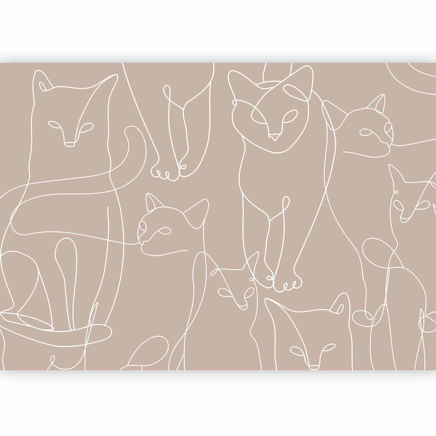 Fototapete - Cat lineart - minimalist sketches of white cats on beige background Artgeist