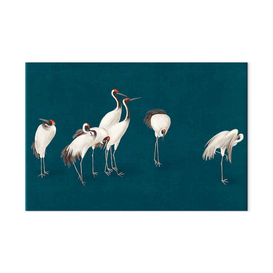 Wandbild XXL - Evening by the pond - a group of cranes drawn in dry pastel on a dark turquoise background