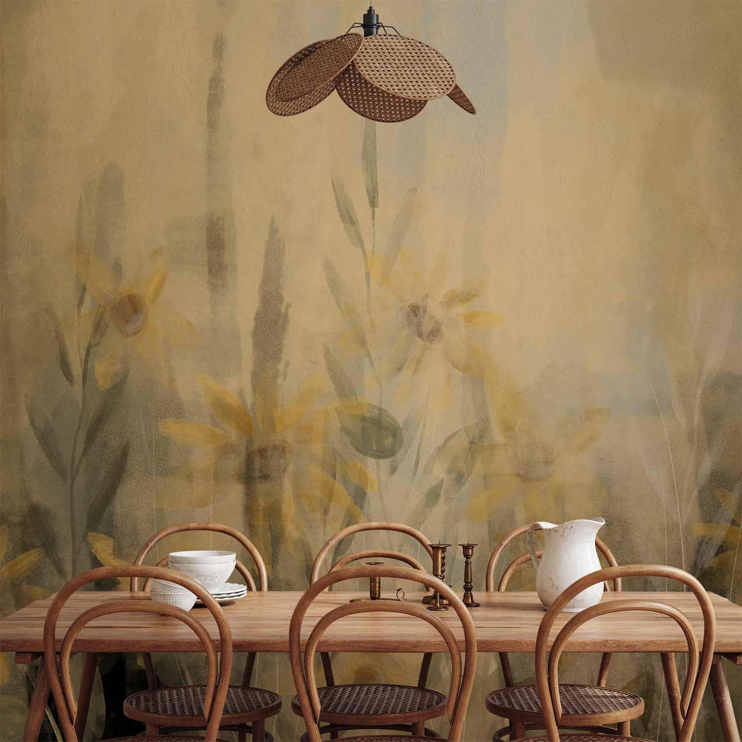 Fototapete - A touch of summer - floral motif with a meadow full of yellow flowers and grasses