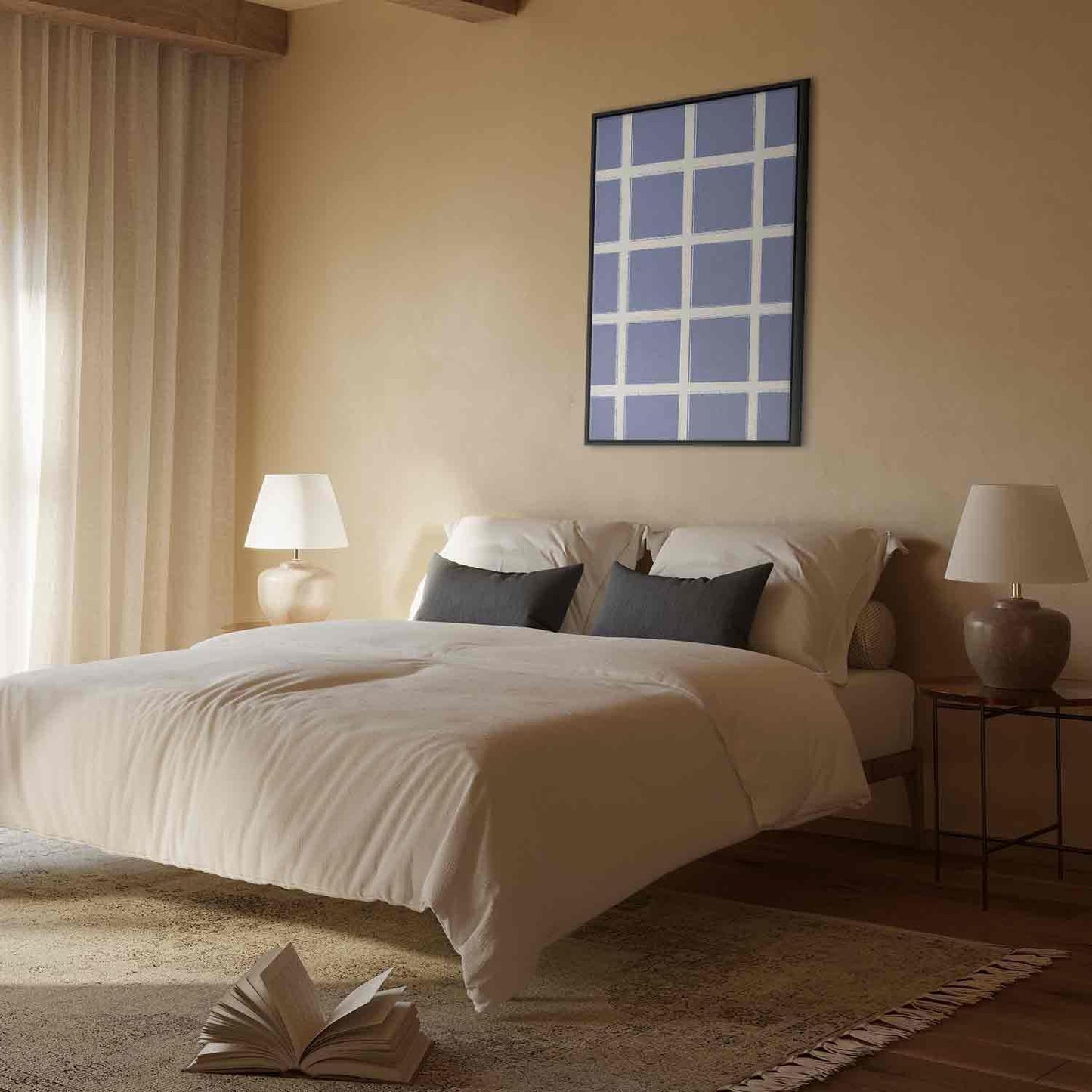 Leinwandbild - Lines and Symmetry - Expressive White Grid on a Blue Background