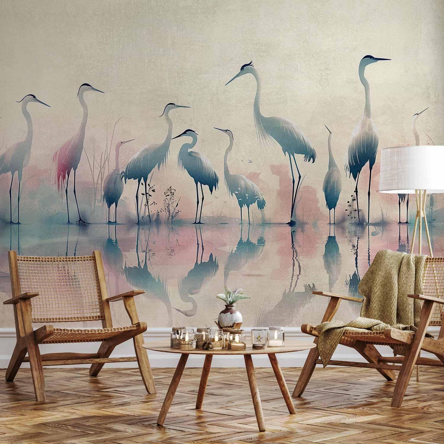 Fototapete - Birds by the lake - herons painted in watercolour in delicate grey and pink colours