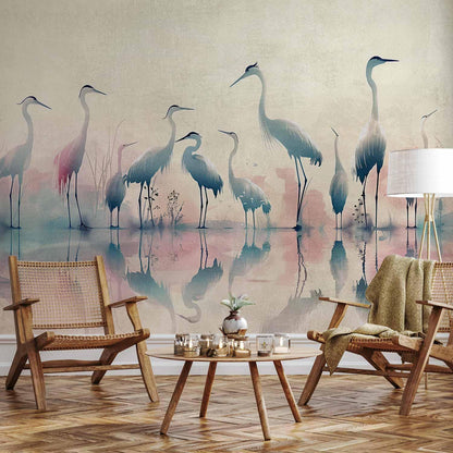 Fototapete - Birds by the lake - herons painted in watercolour in delicate grey and pink colours