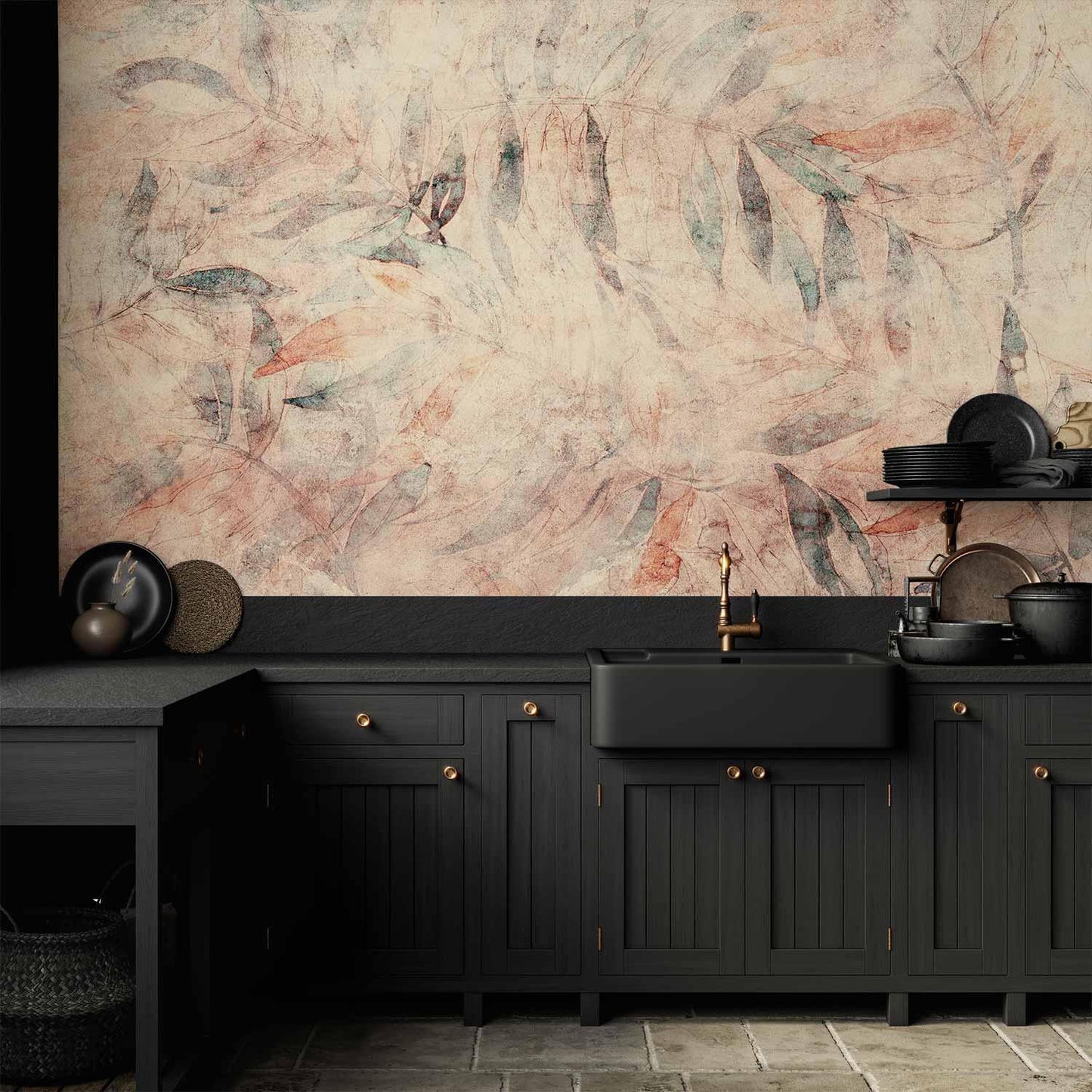 Fototapete - Greek laurels - composition with leaves in patterns on a background in yellow tones