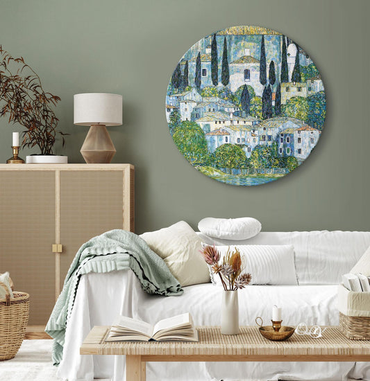 Rundes Bild - Church in Cassone, Gustav Klimt - German Architecture by the River Artgeist