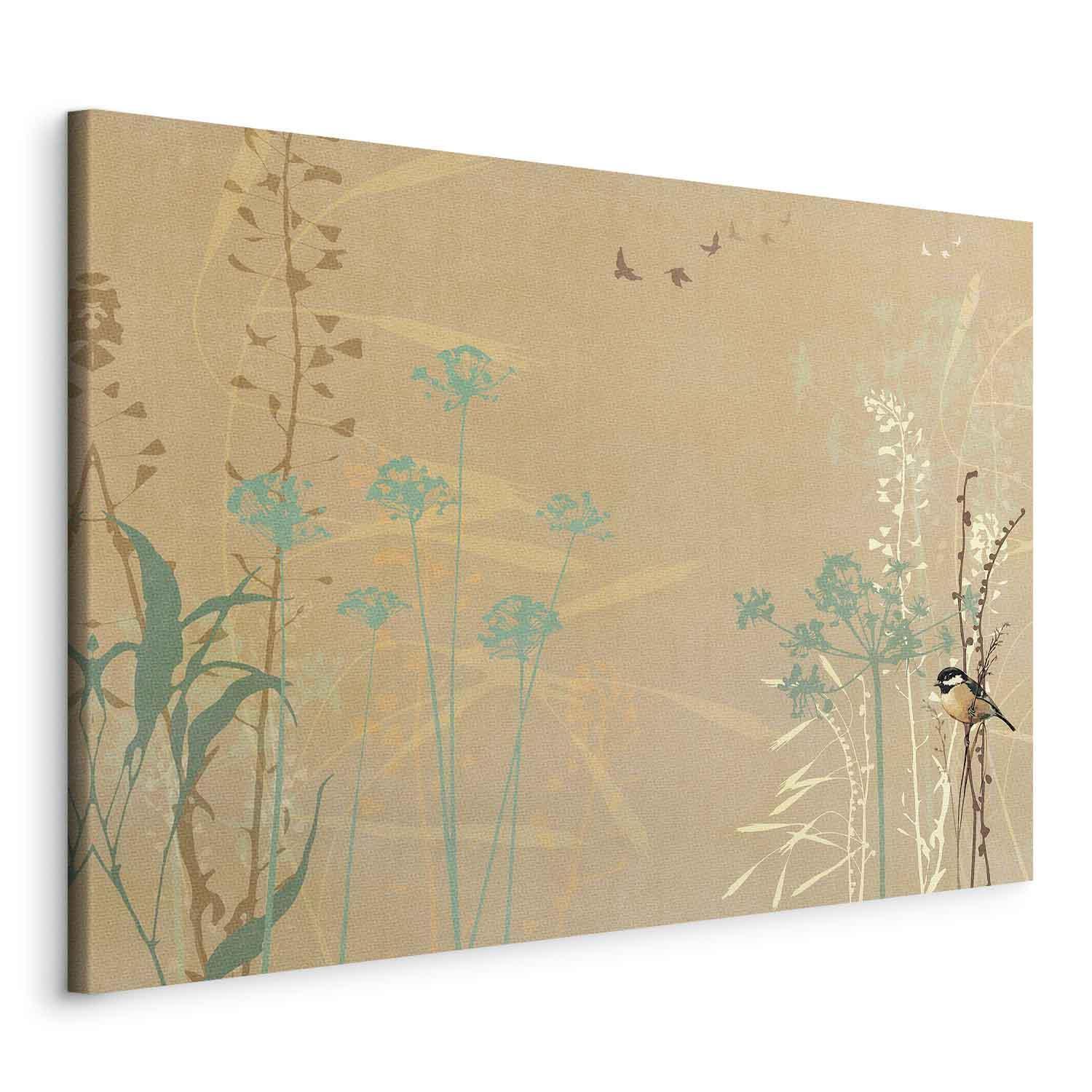Leinwandbild - Tiny Bird - Colorful Grasses in Golden Shades of Sunset Artgeist