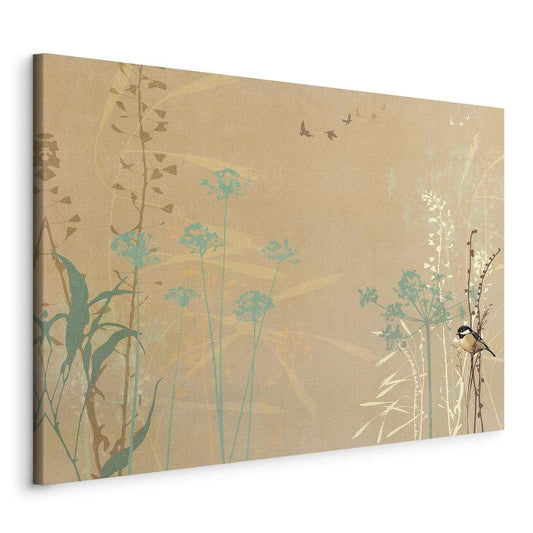 Leinwandbild - Tiny Bird - Colorful Grasses in Golden Shades of Sunset Artgeist