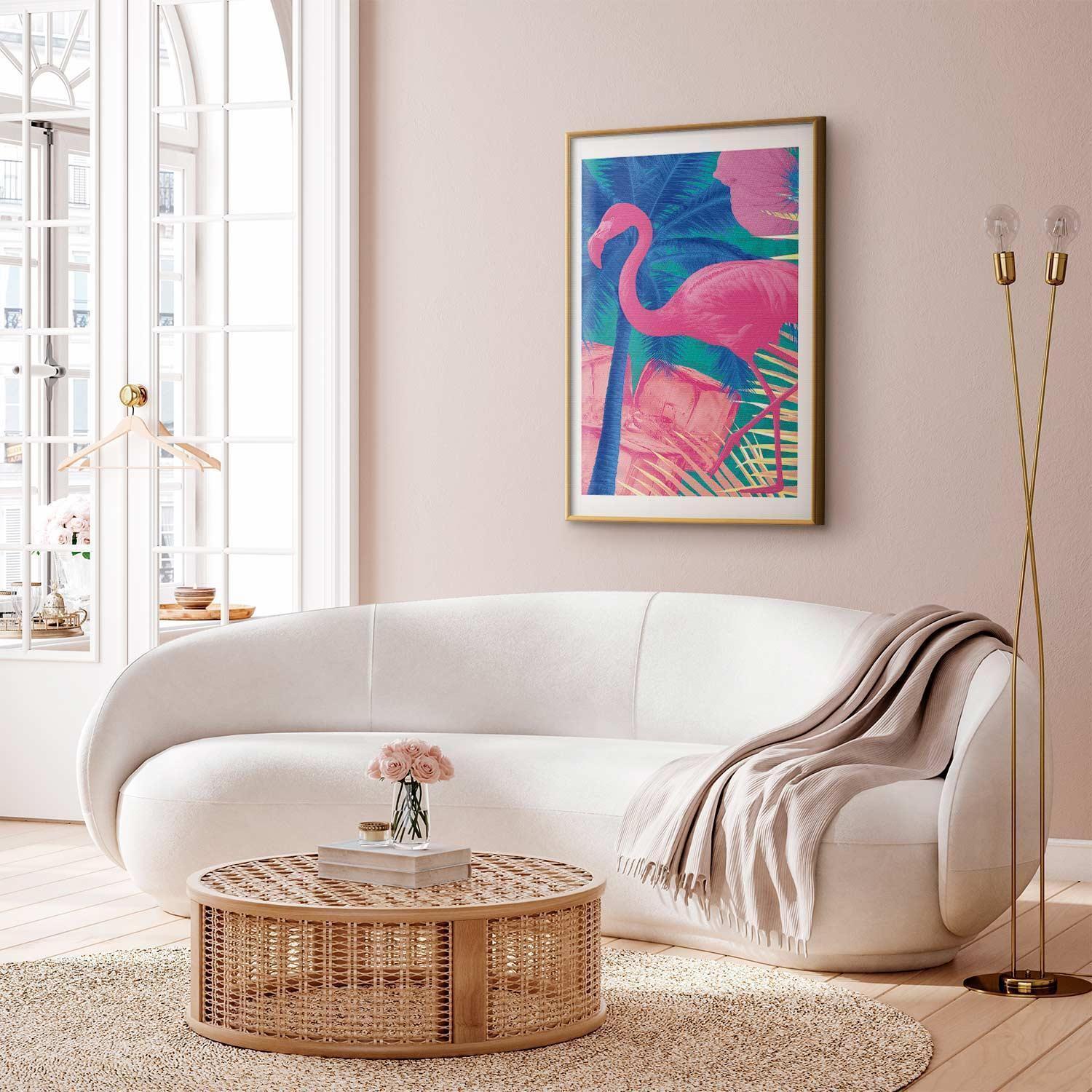 Poster - Pink Flamingo - abstract flamingo against a background of palm trees and ice cubes Artgeist