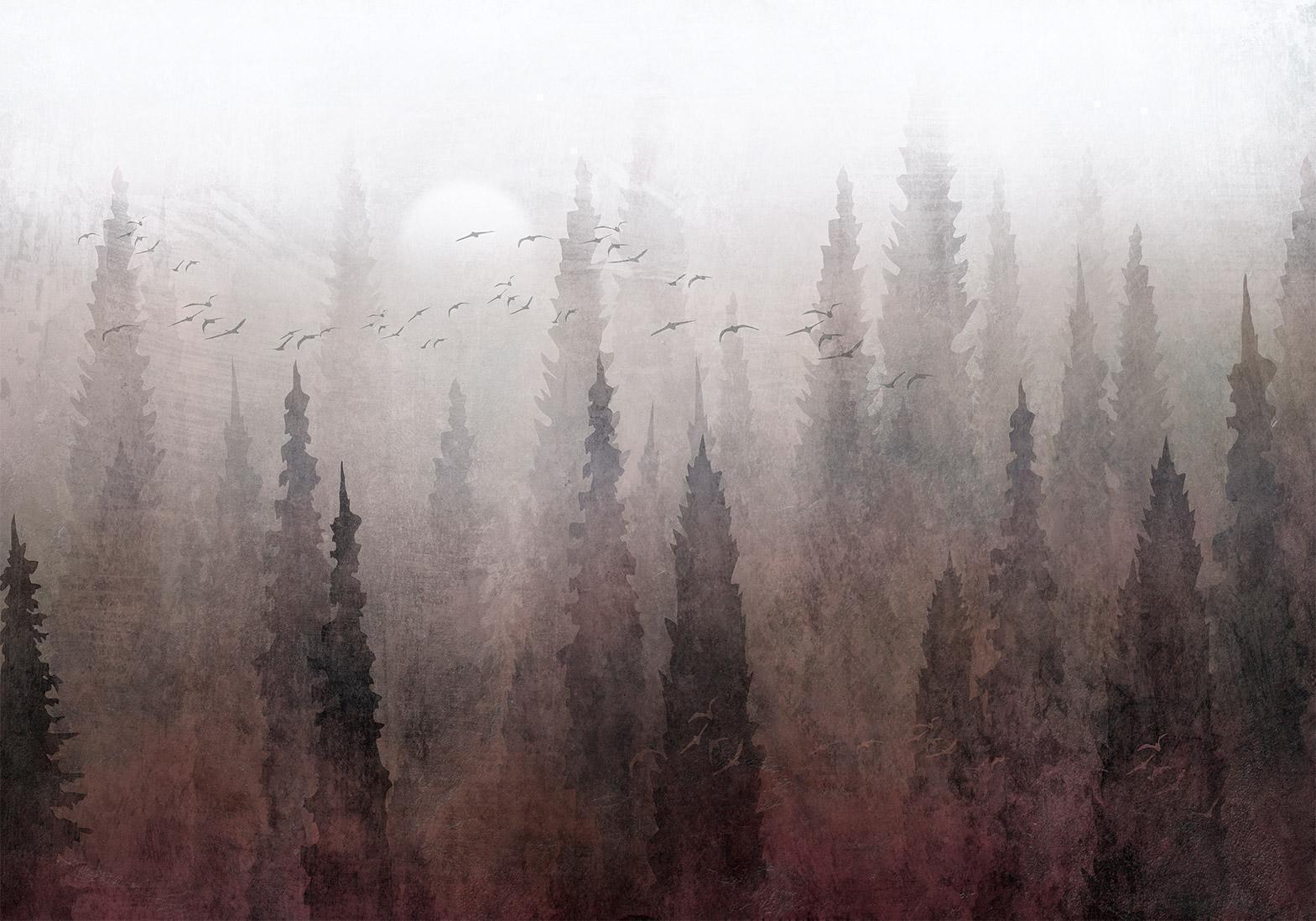 Fototapete - Vogelflug über Baumwipfeln - Landschaft eines dunklen Waldes im Nebel Artgeist