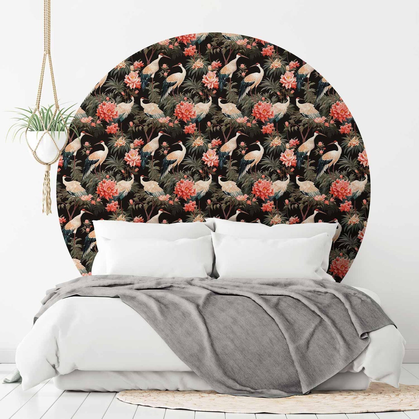 Runde Fototapete - Ornament with birds – silhouettes of cranes and peony flowers on a dark background