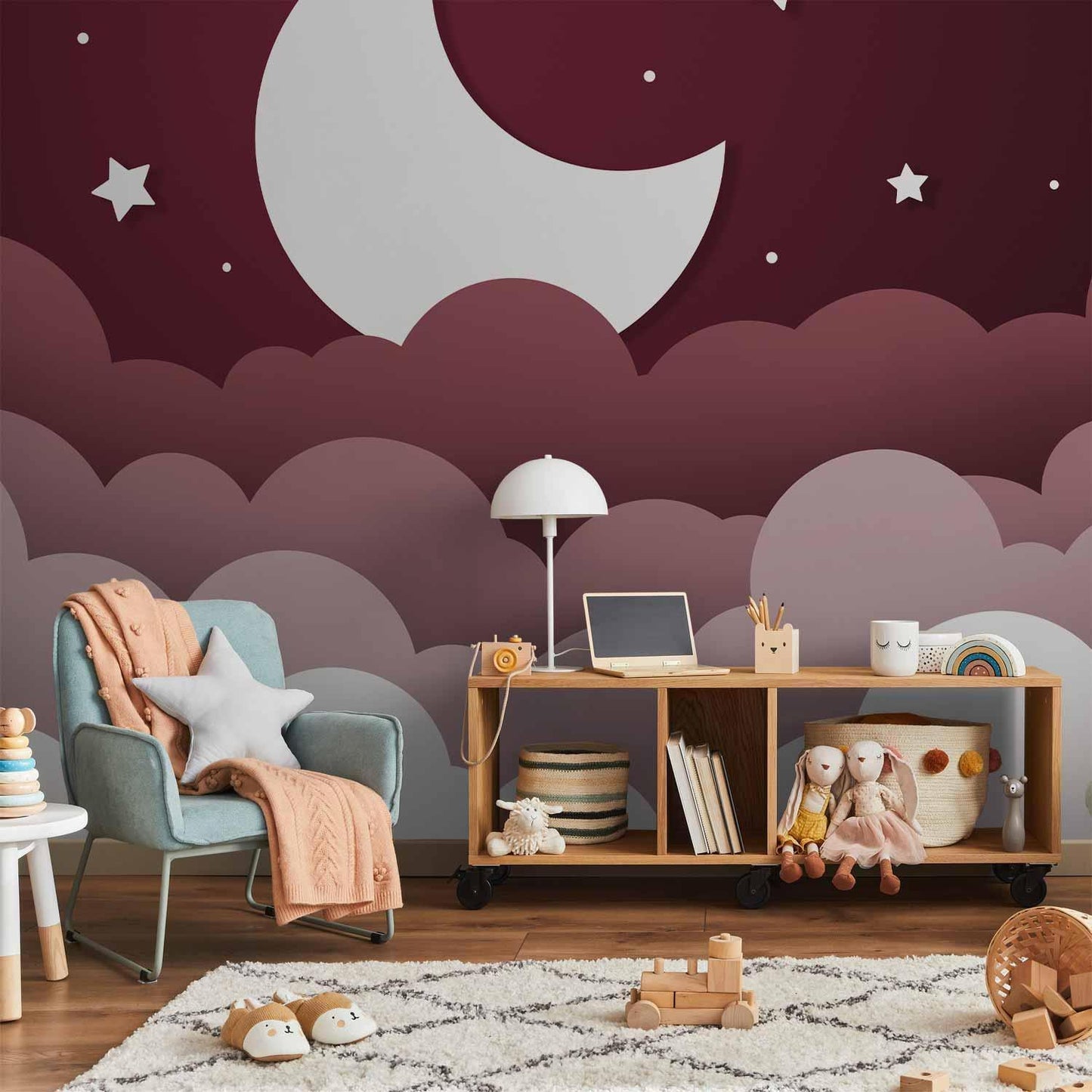 Fototapete - Moon dream - clouds in a maroon sky with stars for children Artgeist