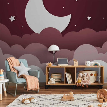 Fototapete - Moon dream - clouds in a maroon sky with stars for children Artgeist