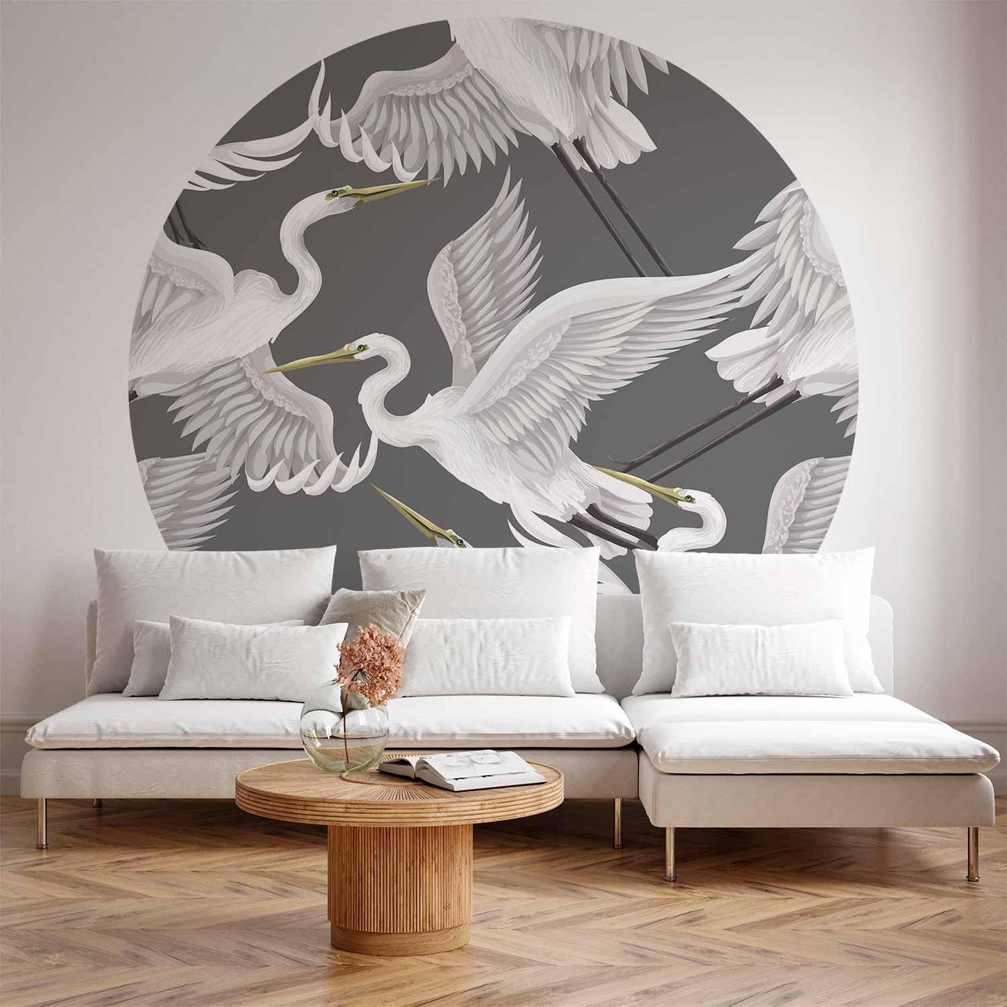 Runde Fototapete - Pastel birds – a delicate pattern of white and grey herons on a light pink background