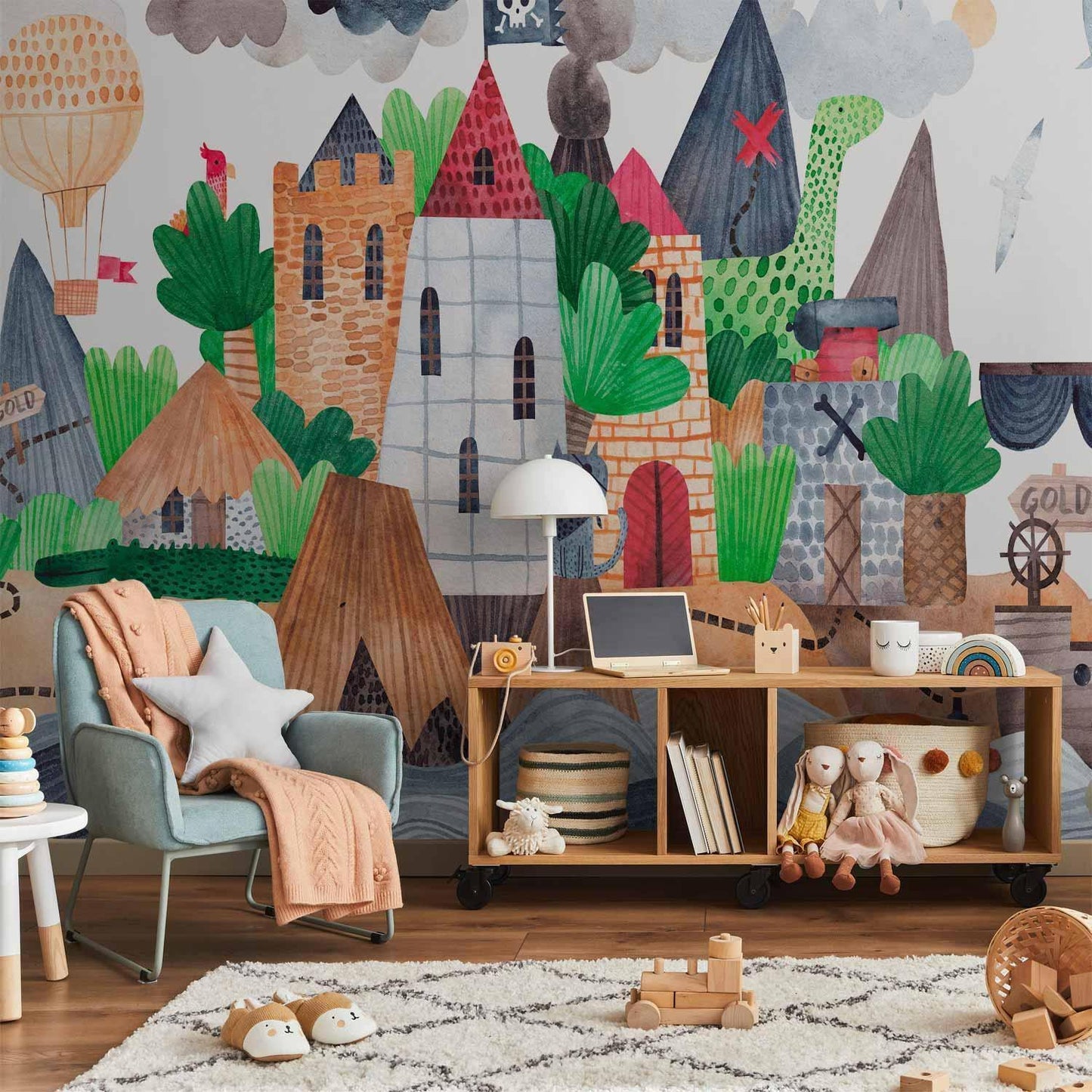 Fototapete - A colourful treasure island with a castle - a pirate ship at sea for children