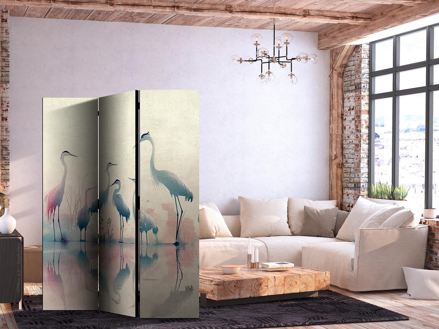 Paravent - Birds by the lake – herons painted in watercolours in delicate grey and pink colours