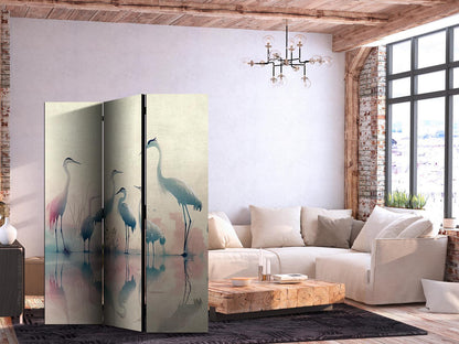 Paravent - Birds by the lake – herons painted in watercolours in delicate grey and pink colours