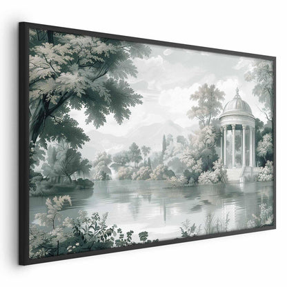 Poster of landscape with park and lake in retro green tones.