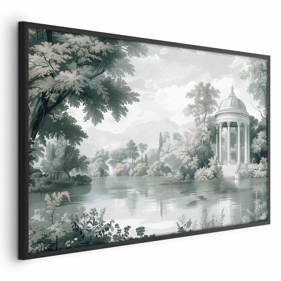 Poster of landscape with park and lake in retro green tones.