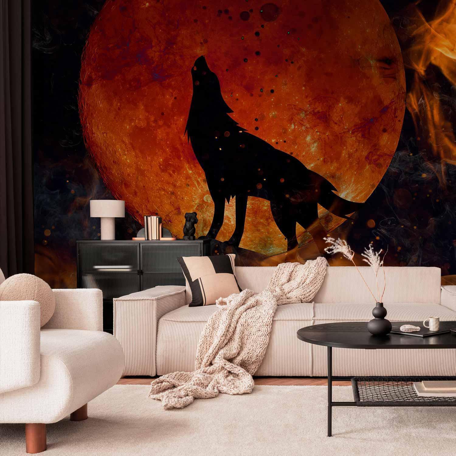Fototapete - Wild nature - wolf on a background of a red moon in flames of fire Artgeist